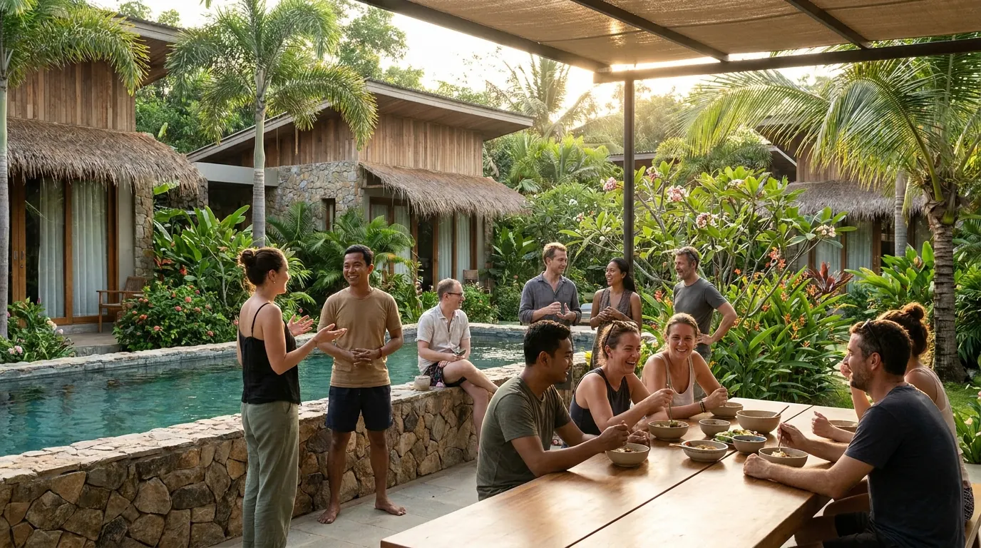 A diverse group of adults relaxing and connecting around a lush tropical pool at a private-villa coliving community in the late afternoon.