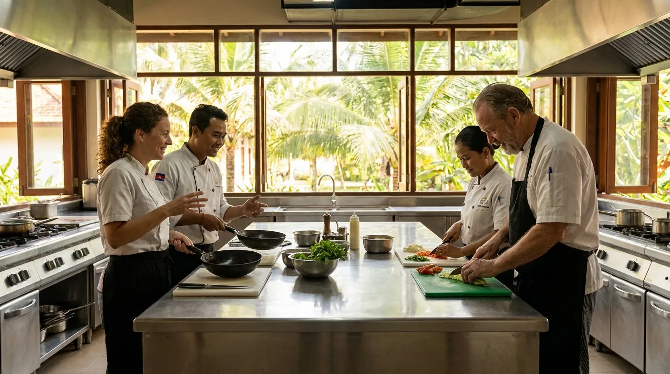 A VillageLife Member and Khmer kitchen team sharing culinary skills together.