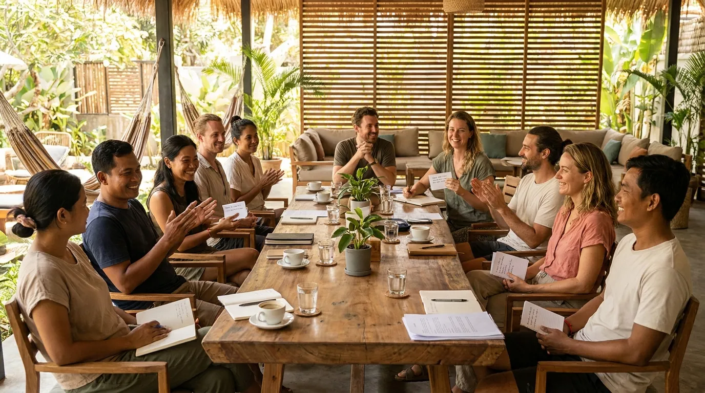 Members and Khmer team members practising conversational English together.