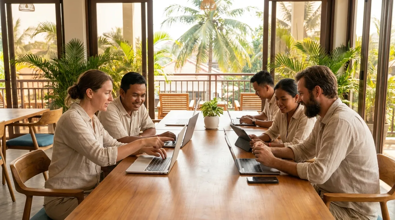 VillageLife Members sharing practical digital knowledge with Khmer team members.