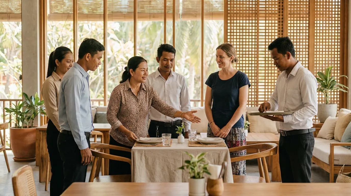 Khmer hospitality professionals building practical guest-service skills through a VillageLife workshop.
