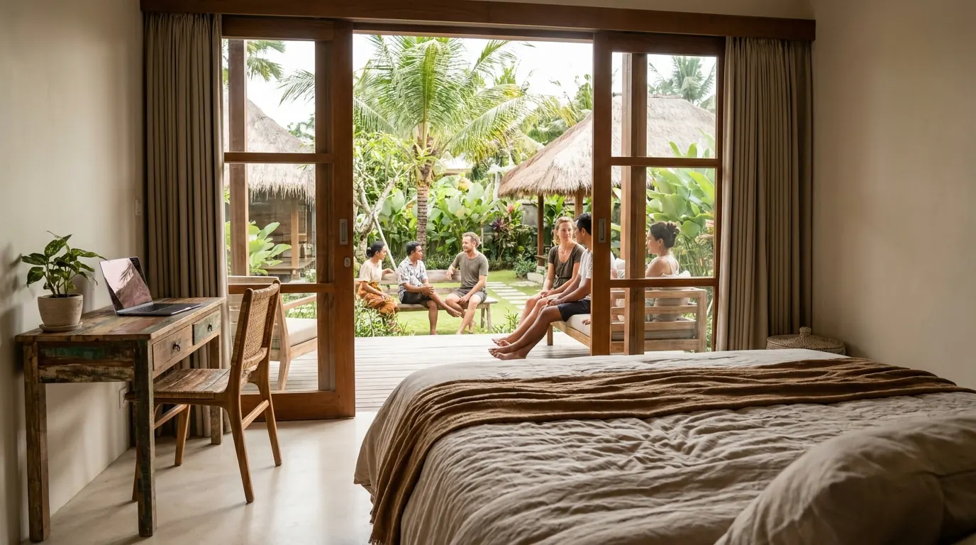A private tropical villa workspace opening toward a shared community garden.
