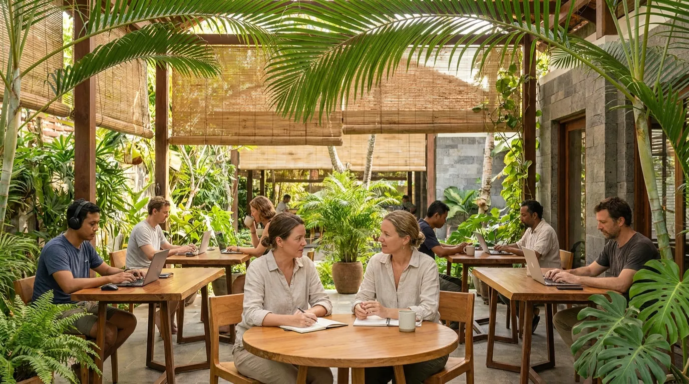 Remote professionals working together in a relaxed, shaded tropical coworking space.