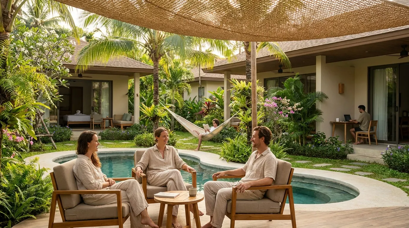 A calm coliving garden where people can socialise, work or relax independently beside a pool.
