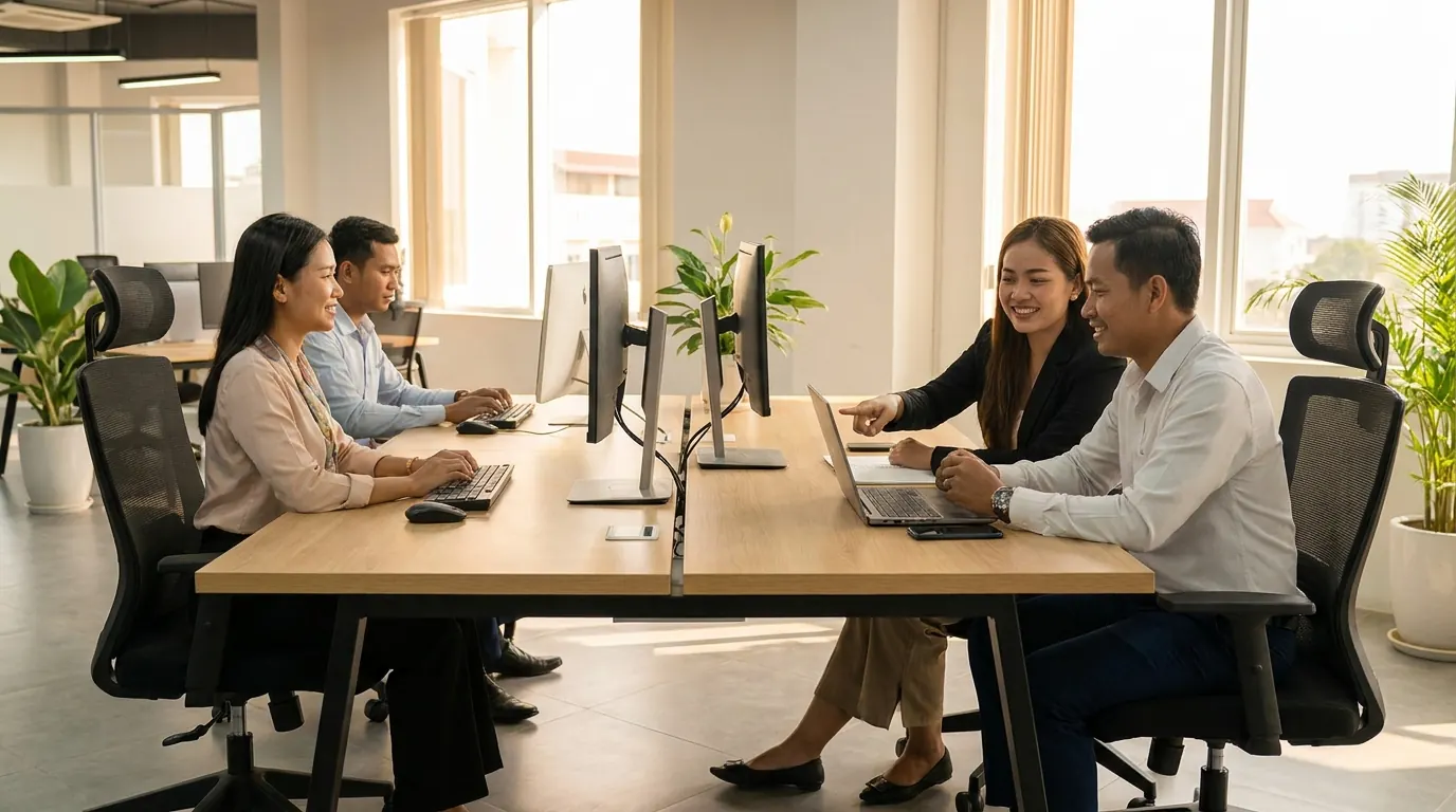 Cambodian team members developing digital and professional workplace skills together in a bright workspace.